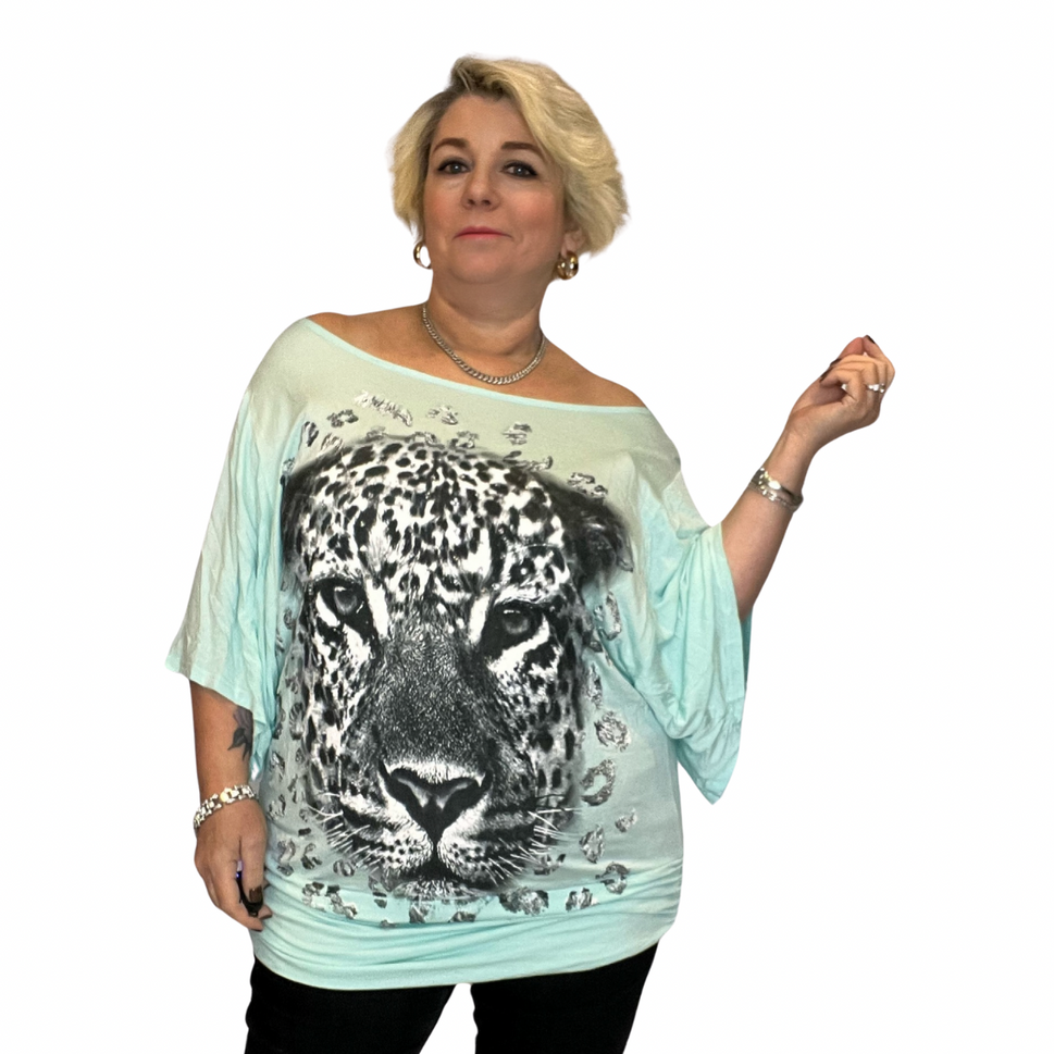 BATWING OVERSIZED TOP OFF SHOULDER SPARKLY LEOPARD PRINTMint / UK 12-14