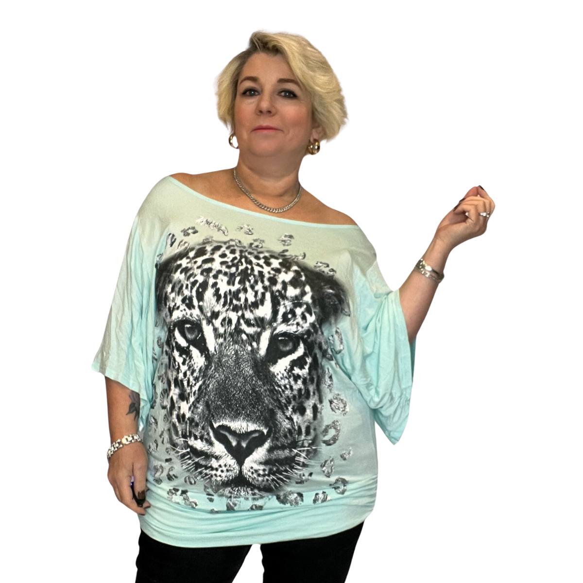 BATWING OVERSIZED TOP OFF SHOULDER SPARKLY LEOPARD PRINT