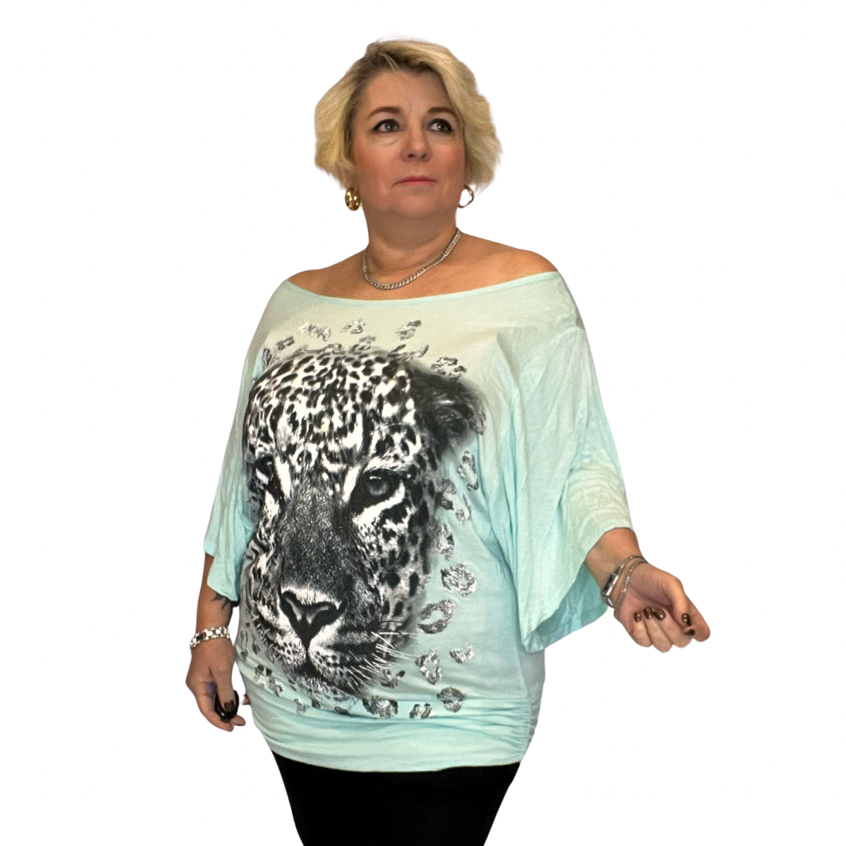 BATWING OVERSIZED TOP OFF SHOULDER SPARKLY LEOPARD PRINT