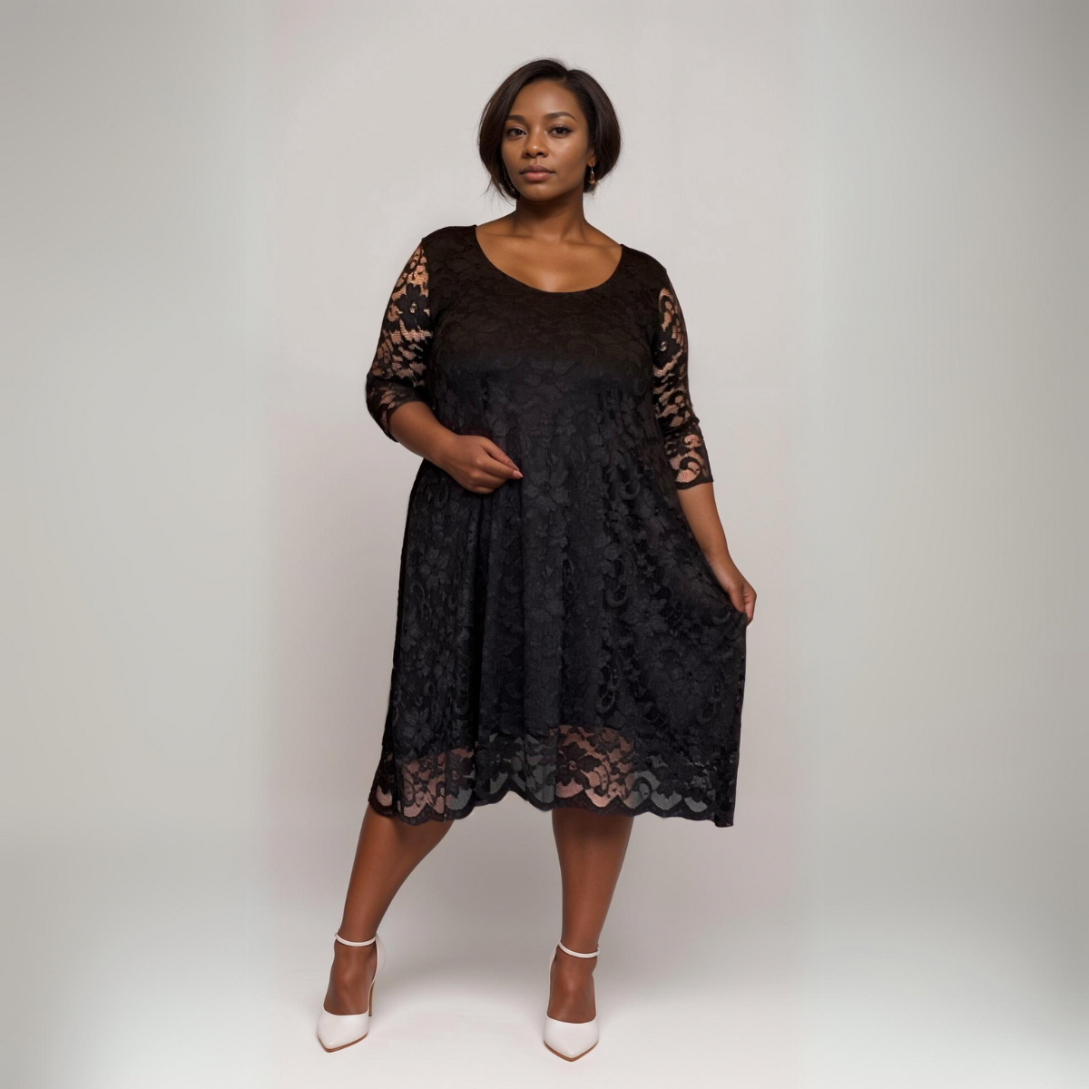 ROCKTHOSECURVES BLACK LACE SWING DRESS WITH SCALLOP HEM