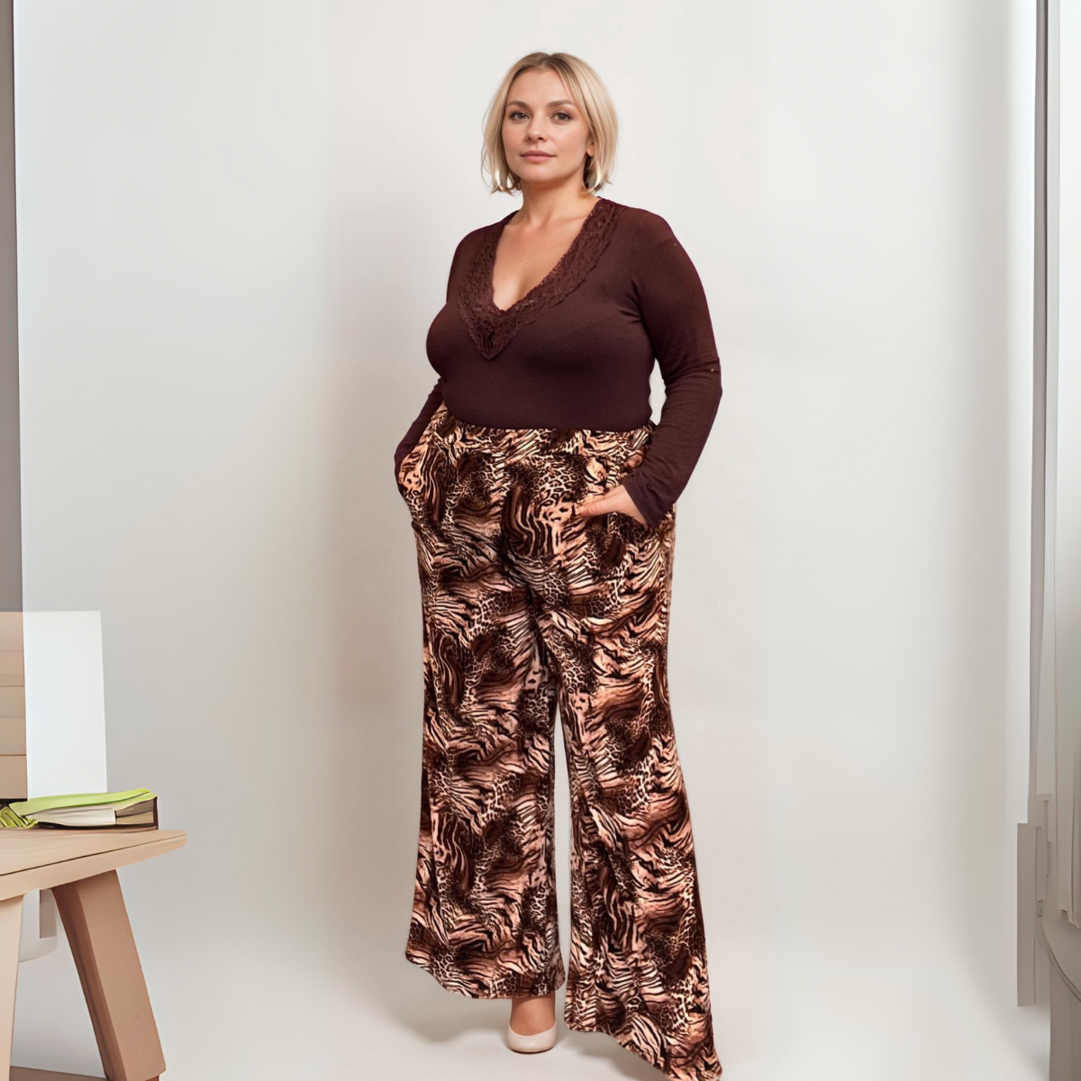 BROWN FINE LEOPARD PRINT SIDE POCKET PALAZZO TROUSERS