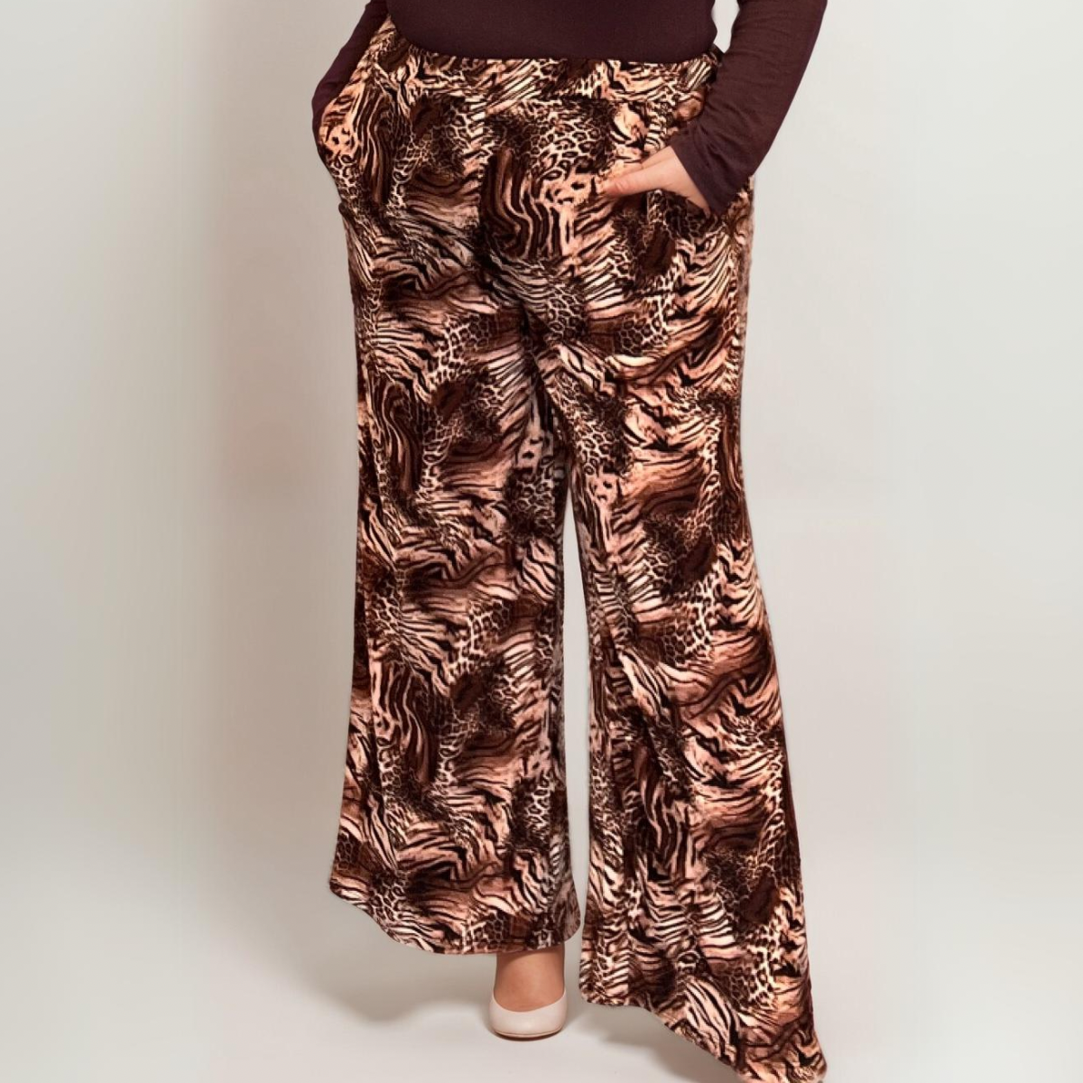 BROWN FINE LEOPARD PRINT SIDE POCKET PALAZZO TROUSERS