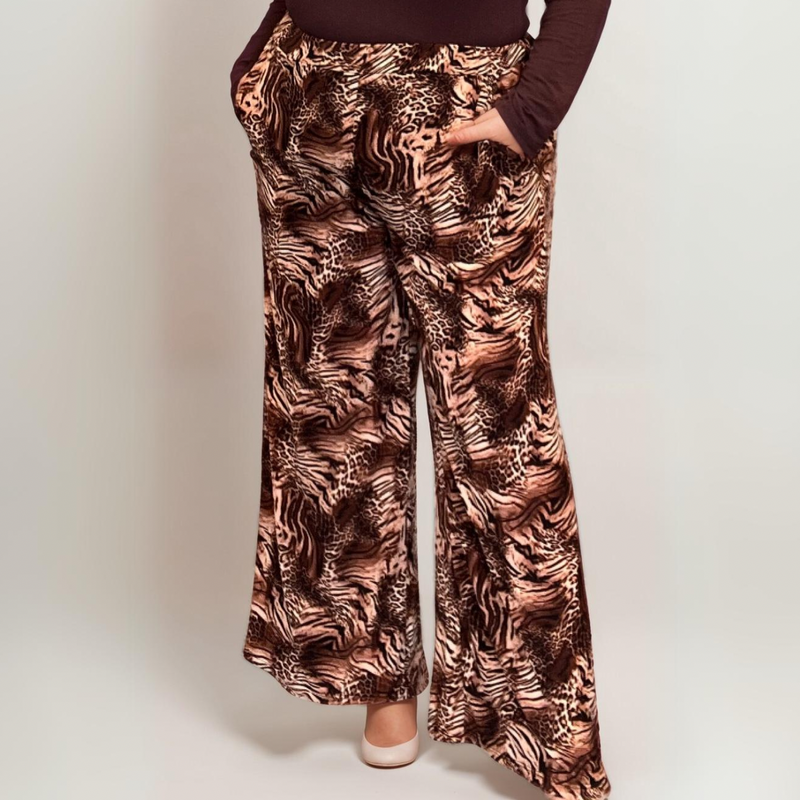 BROWN FINE LEOPARD PRINT SIDE POCKET PALAZZO TROUSERS