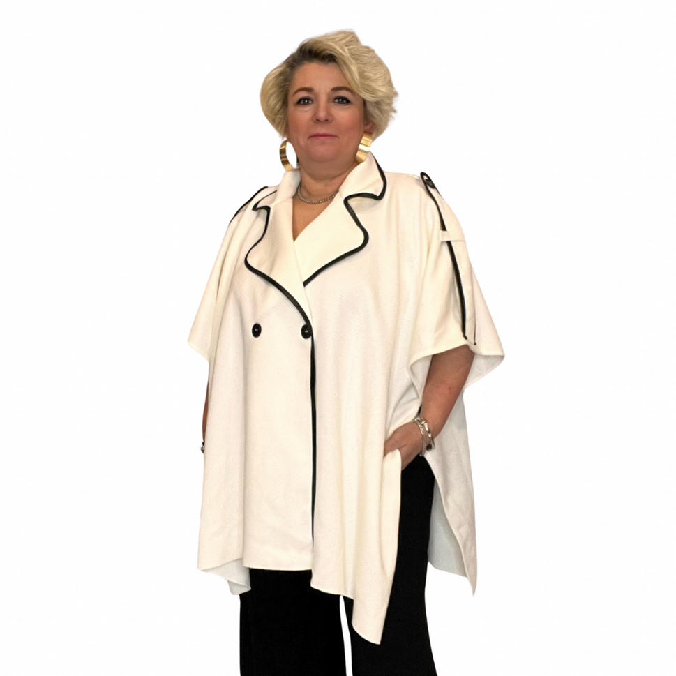 OVERSIZED CAPE COAT WITH CONTRASTING TRIM AND BUTTONSCREAM / UK 20-22