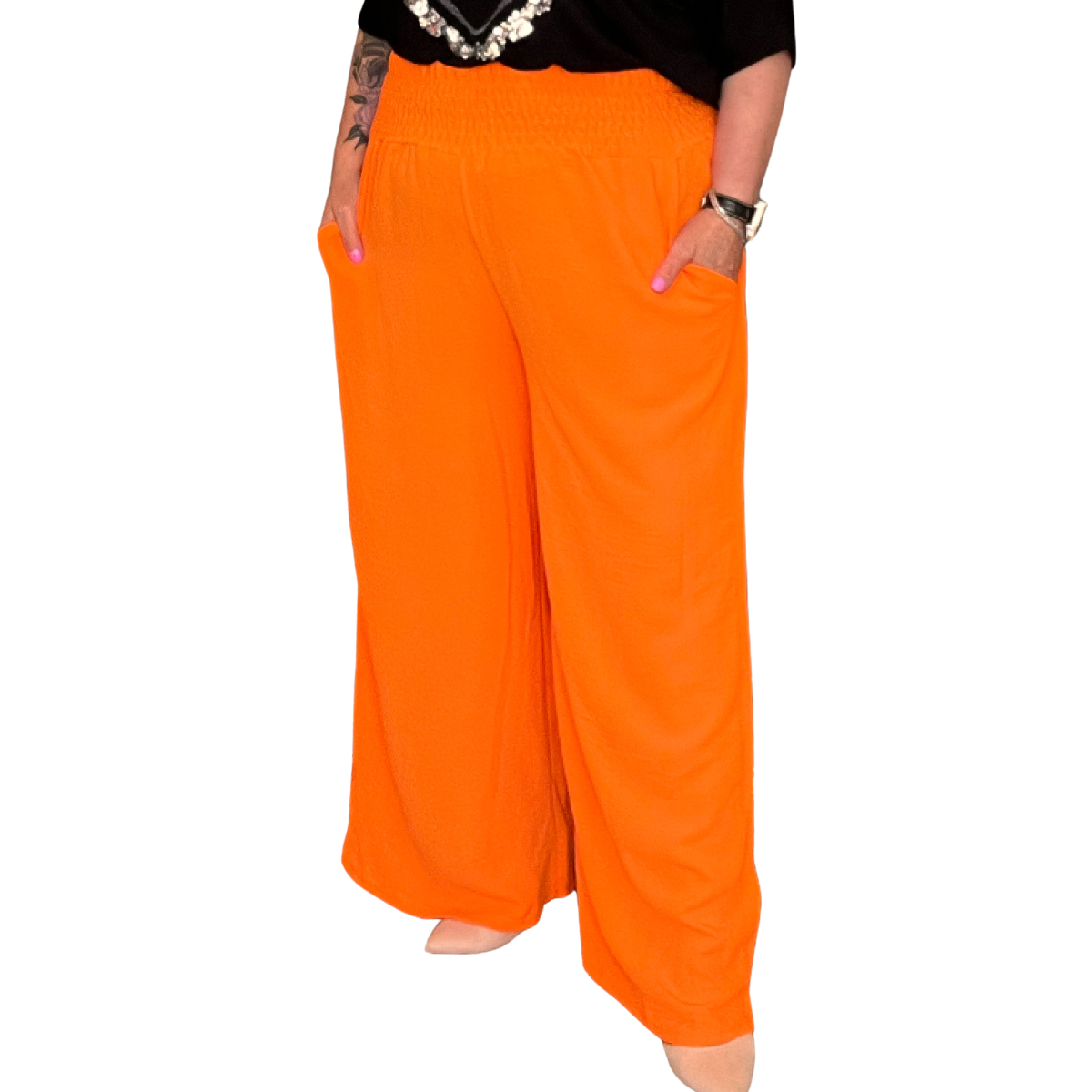 HIGH SMOCK WAIST WIDE LEG TROUSERS WITH POCKETS