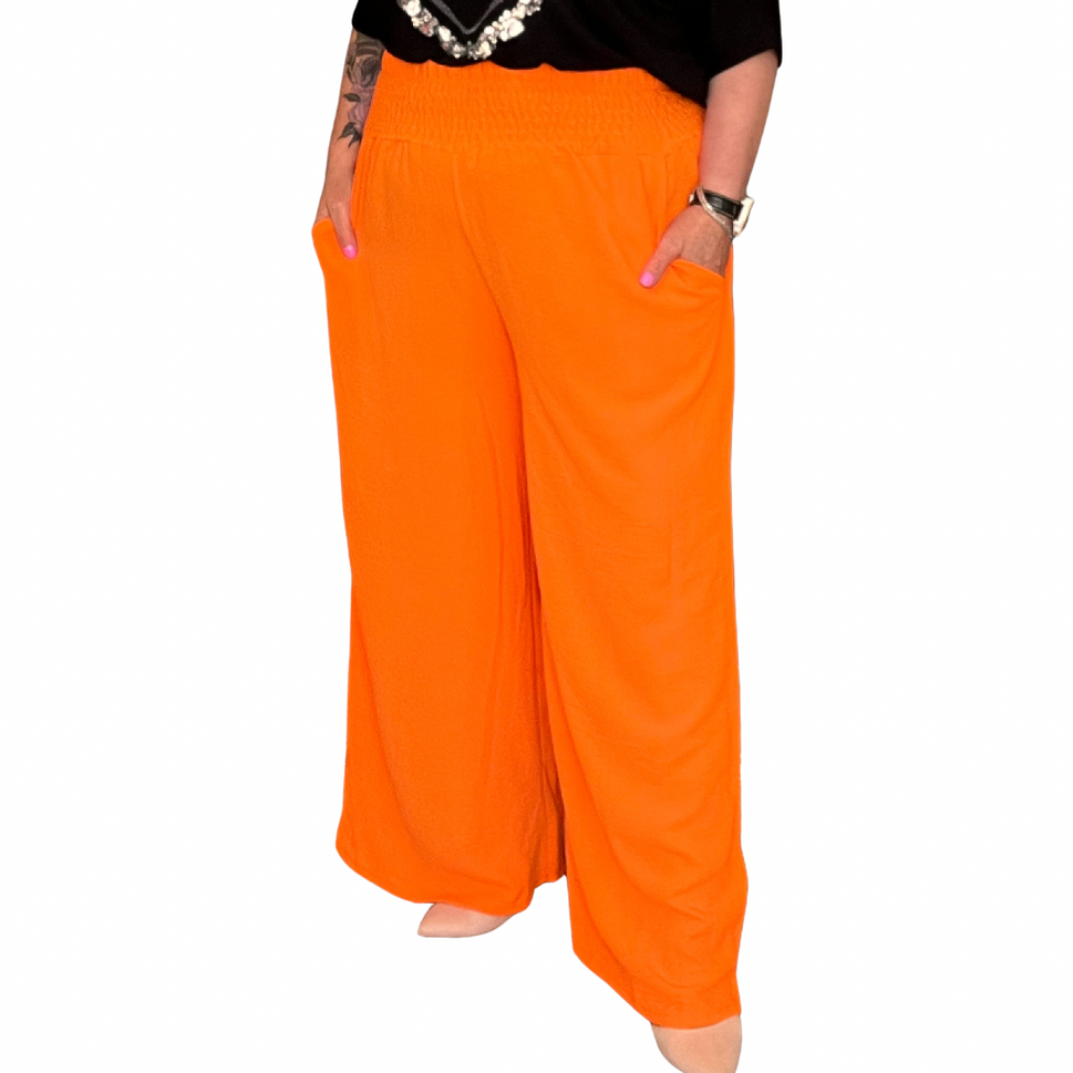 HIGH SMOCK WAIST WIDE LEG TROUSERS WITH POCKETSORANGE / UK 16-18