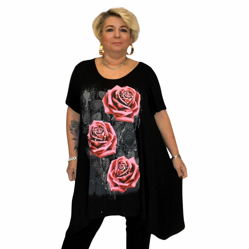 ROCKTHOSECURVES ROSES PRINT SHORT SLEEVE HANKY HEM TOPBlack / UK 12-14