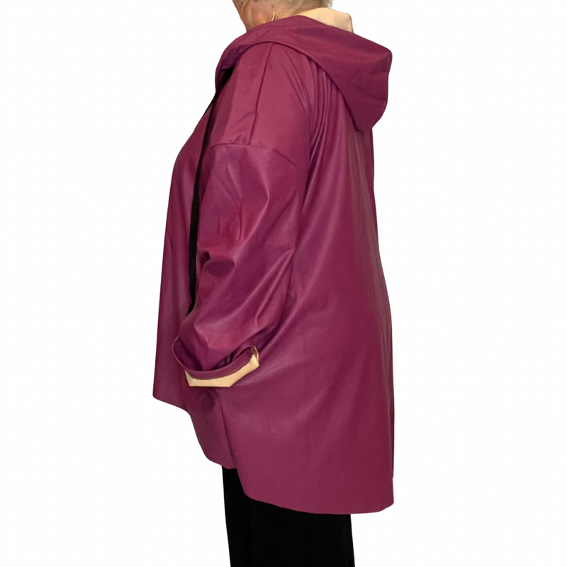 FAUX LEATHER DIPPED HEM JACKET / COAT WITH HOOD