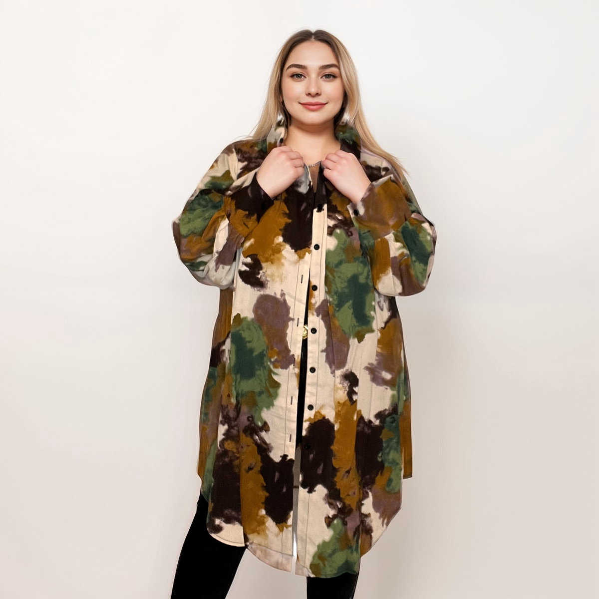 ROCKTHOSECURVES KHAKI BROWN CREAM TIE DYE SHIRT DRESS WITH COLLAR