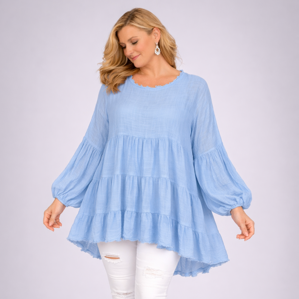 Pure Cotton Oversized Tunic Blouse with Balloon Sleeves