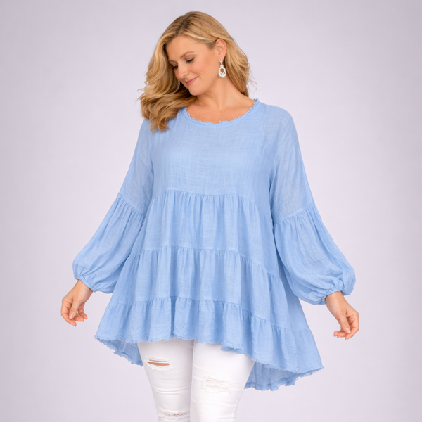 Pure Cotton Oversized Tunic Blouse with Balloon Sleeves