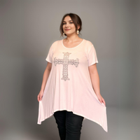 ROCKTHOSECURVES SHORT SLEEVE HANKY HEM STUDDED ORNATE CROSS LONG LENGTH TOP