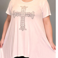 ROCKTHOSECURVES SHORT SLEEVE HANKY HEM STUDDED ORNATE CROSS LONG LENGTH TOP