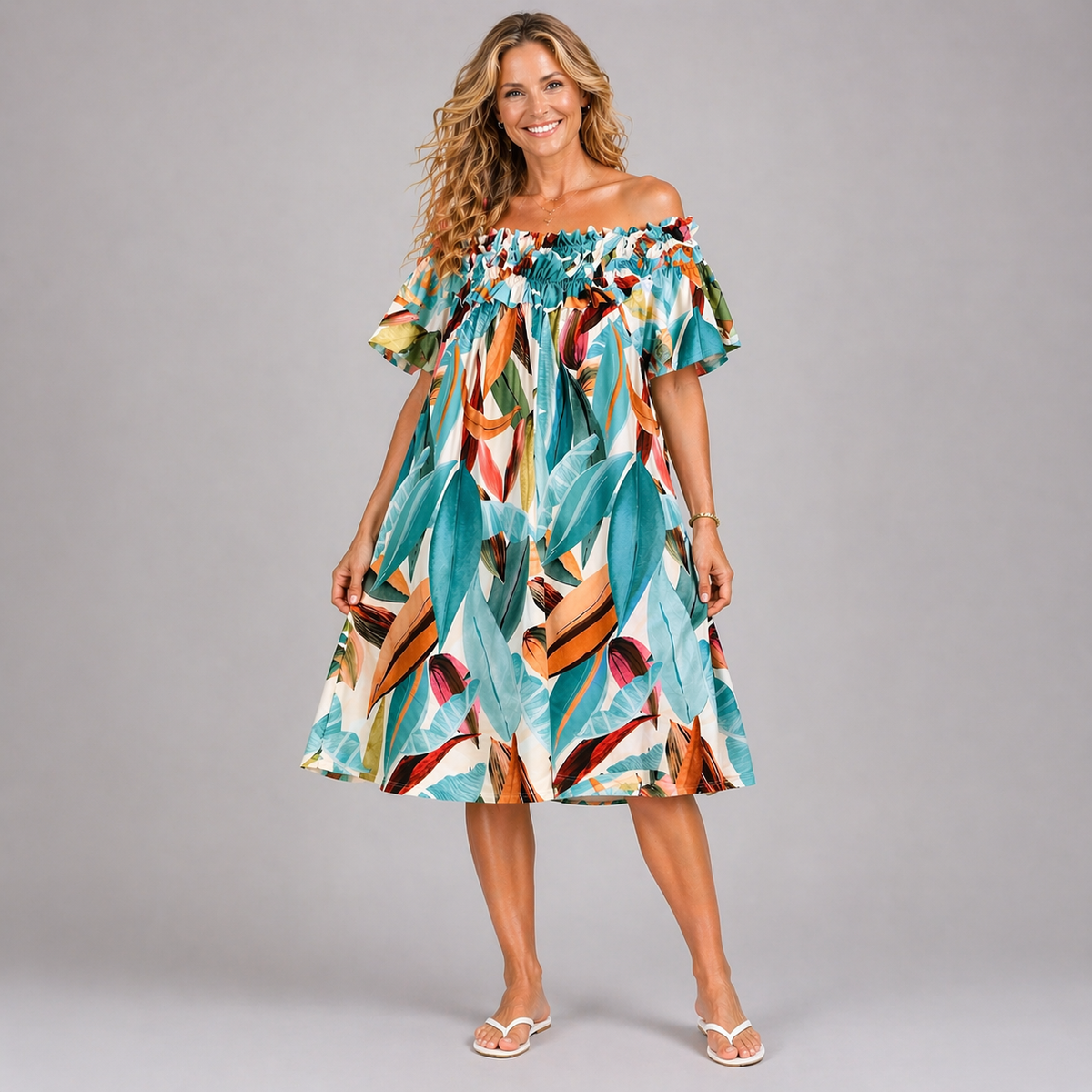 Abstract Print dress with ruffled bardot neckline