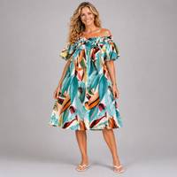 Abstract Print dress with ruffled bardot neckline