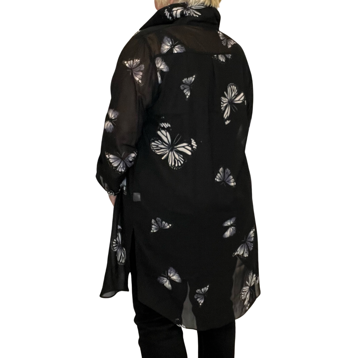 ROCKTHOSECURVES LONG LENGTH CHIFFON BLOUSE / SHIRT WITH BUTTERFLY PRINT