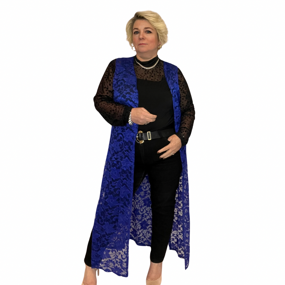 ROCKTHOSECURVES SLEEVELESS LACE OPEN FRONT DUSTER JACKETRoyal Blue / UK 14