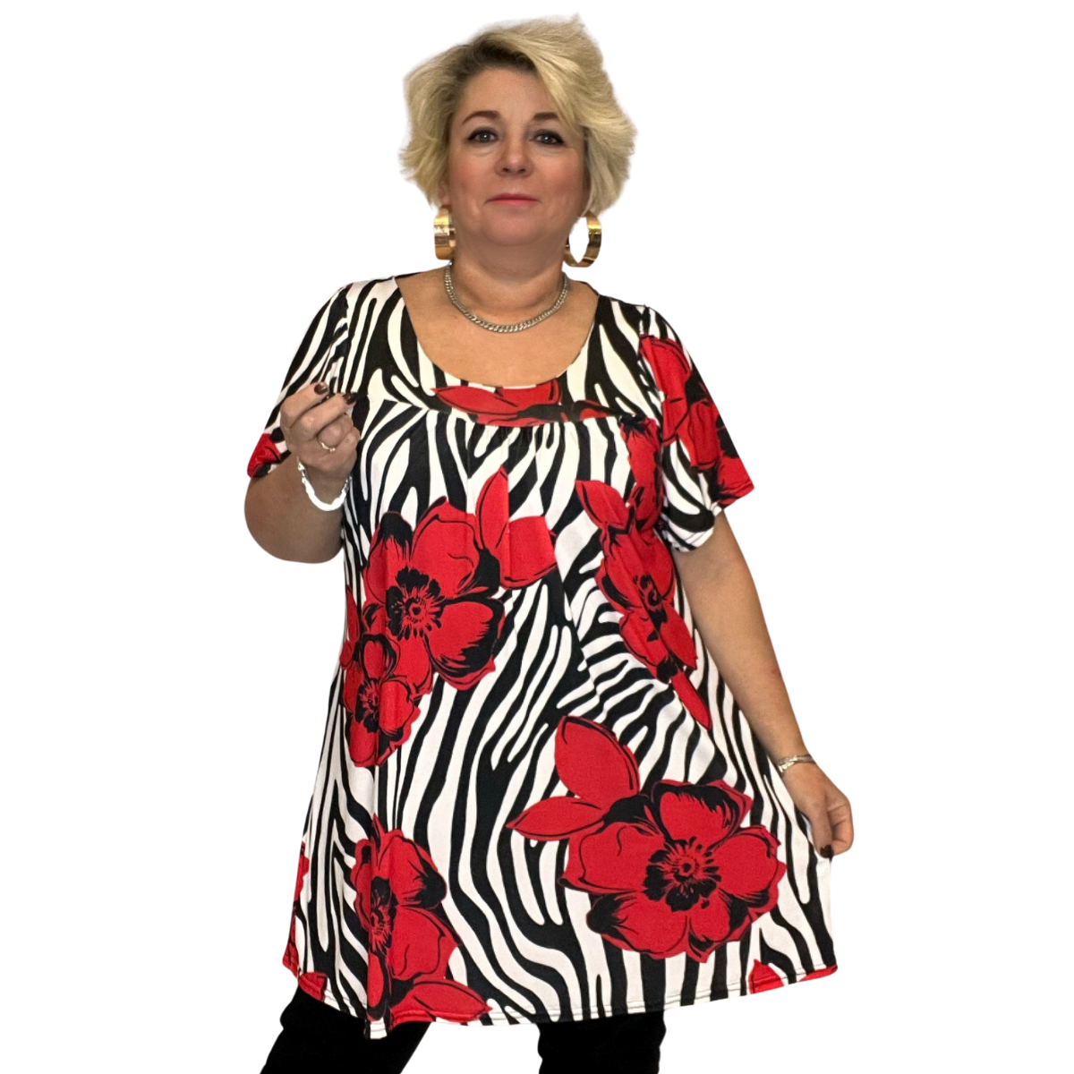 RED WHITE BLACK SWIRL SHORT SLEEVE A-LINE SMOCK TOP