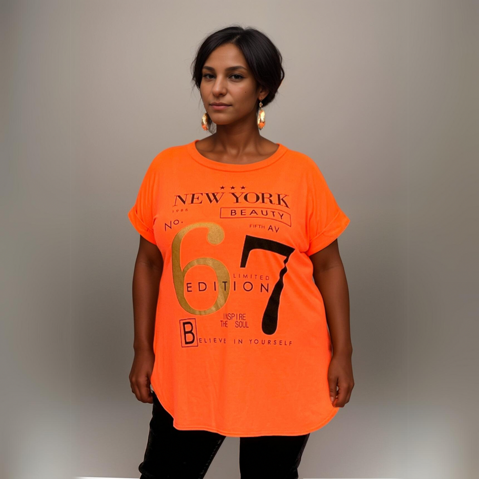 ROCKTHOSECURVES NEW YORK 67 DIPPED HEM LONG T-SHIRTNeon Orange / UK 14