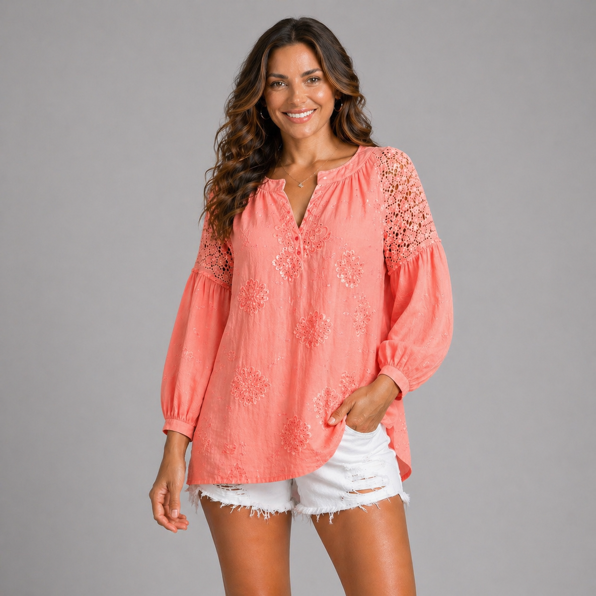 Loose fitting beaded and sequin v neck blouse
