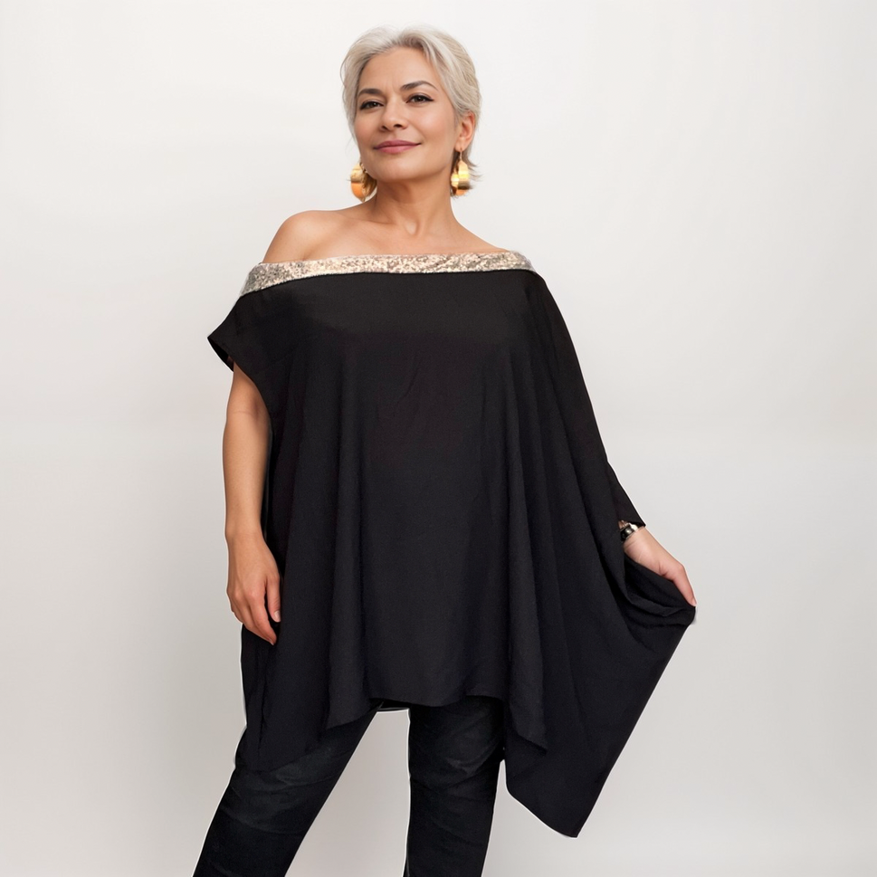 ROCKTHOSECURVES BLACK HANKY HEM KAFTAN BLOUSE WITH SEQUIN NECK