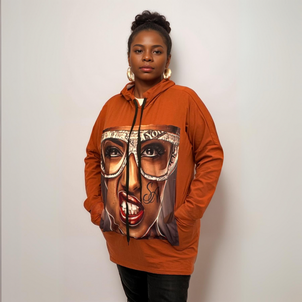 ROCKTHOSECURVES RUST RED LIPS FACE PRINT POCKET SIDE HOODY