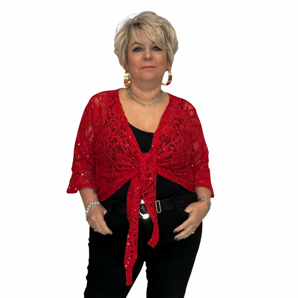 ROCKTHOSECURVES SEQUIN LACE 1/2 BELL SLEEVE TIE FRONT SHRUG / BOLERO JACKETRED / UK 12-14