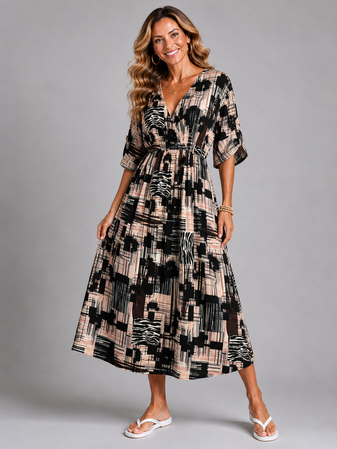 V neck dress with elasticated waist