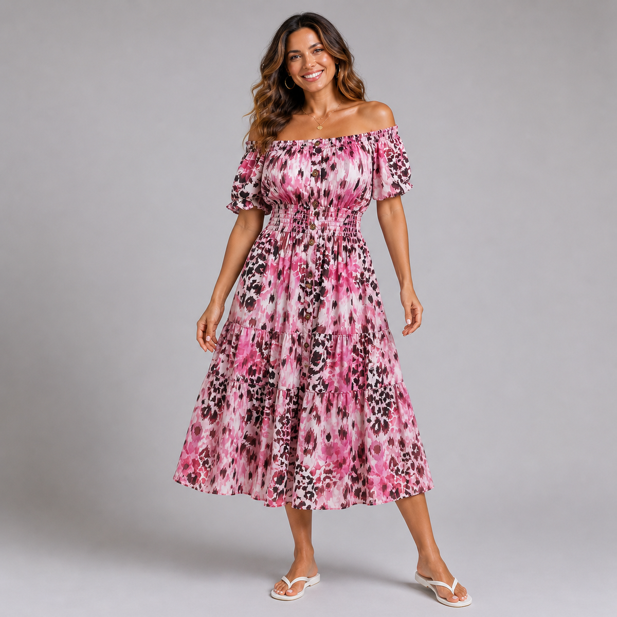 Bold leopard print elastic waist gypsy Dress
