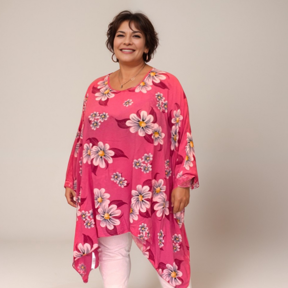 ROCKTHOSECURVES FLORAL OVERSIZED KAFTAN / BLOUSE WITH SEQUIN CUFFSFuchsia / ONE SIZE