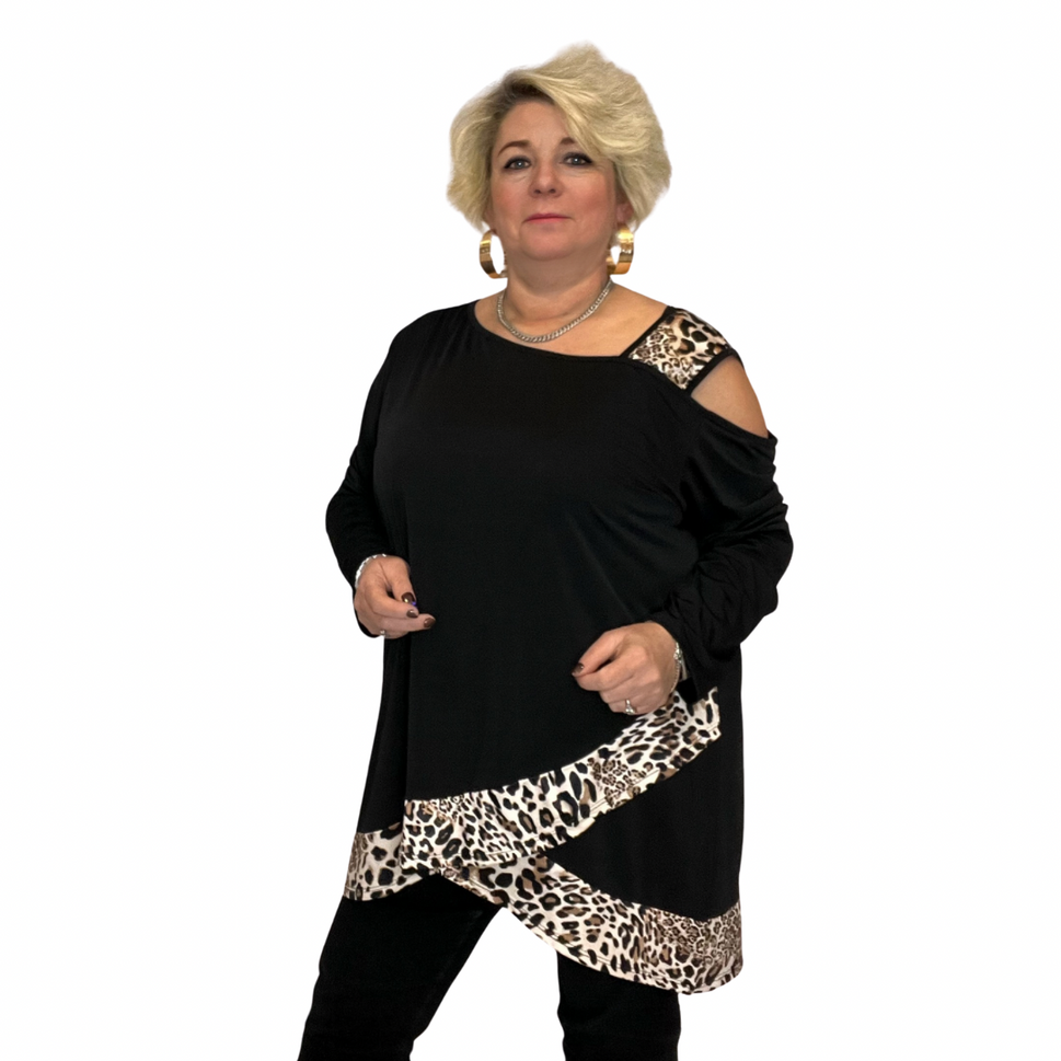 ROCKTHOSECURVES LONG LENGTH ONE SHOULDER CROSS HEM TOPBLACK LEOPARD / UK 16-18