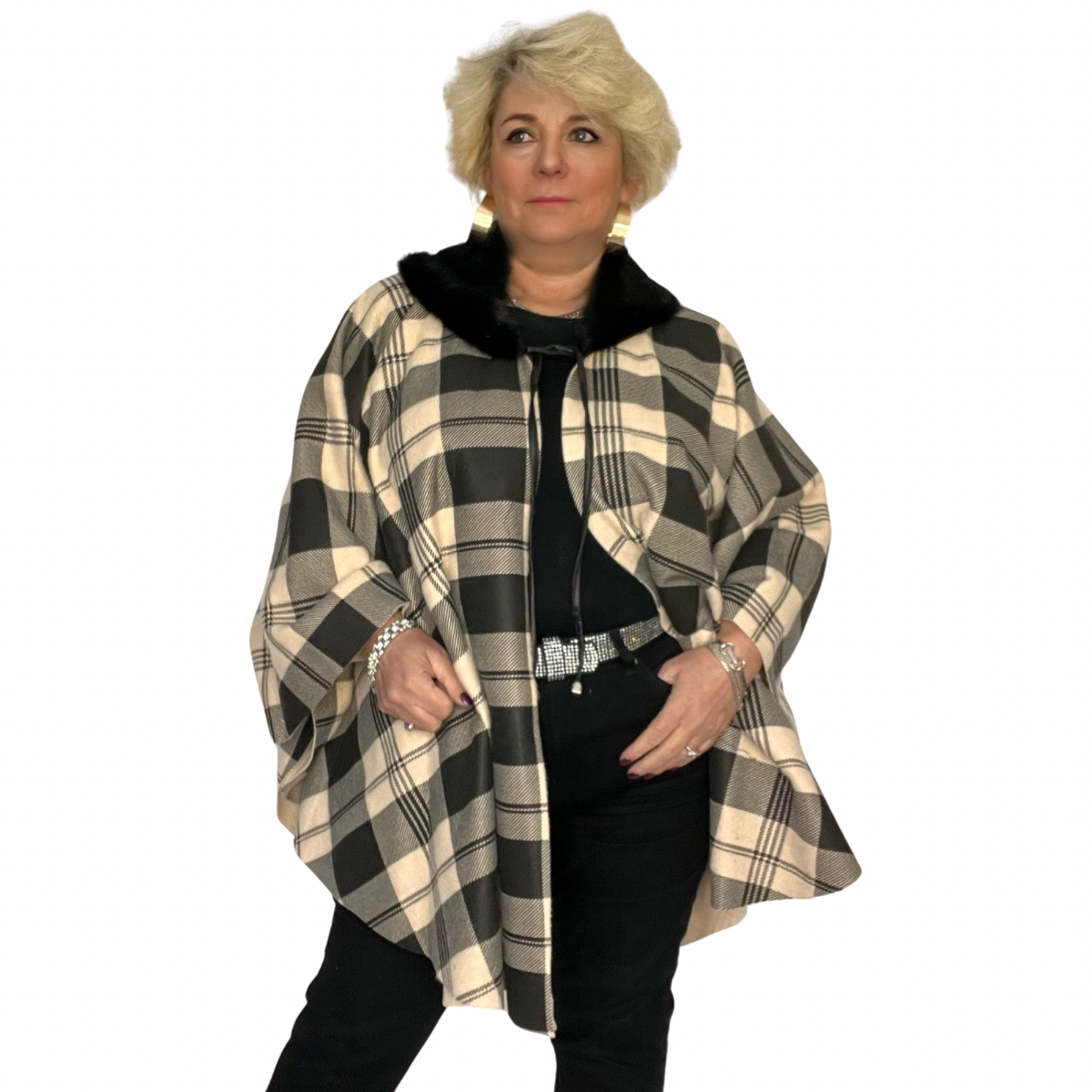 TARTAN FLEECE OVERSIZED PONCHO / CAPE WITH FAUX FUR COLLAR