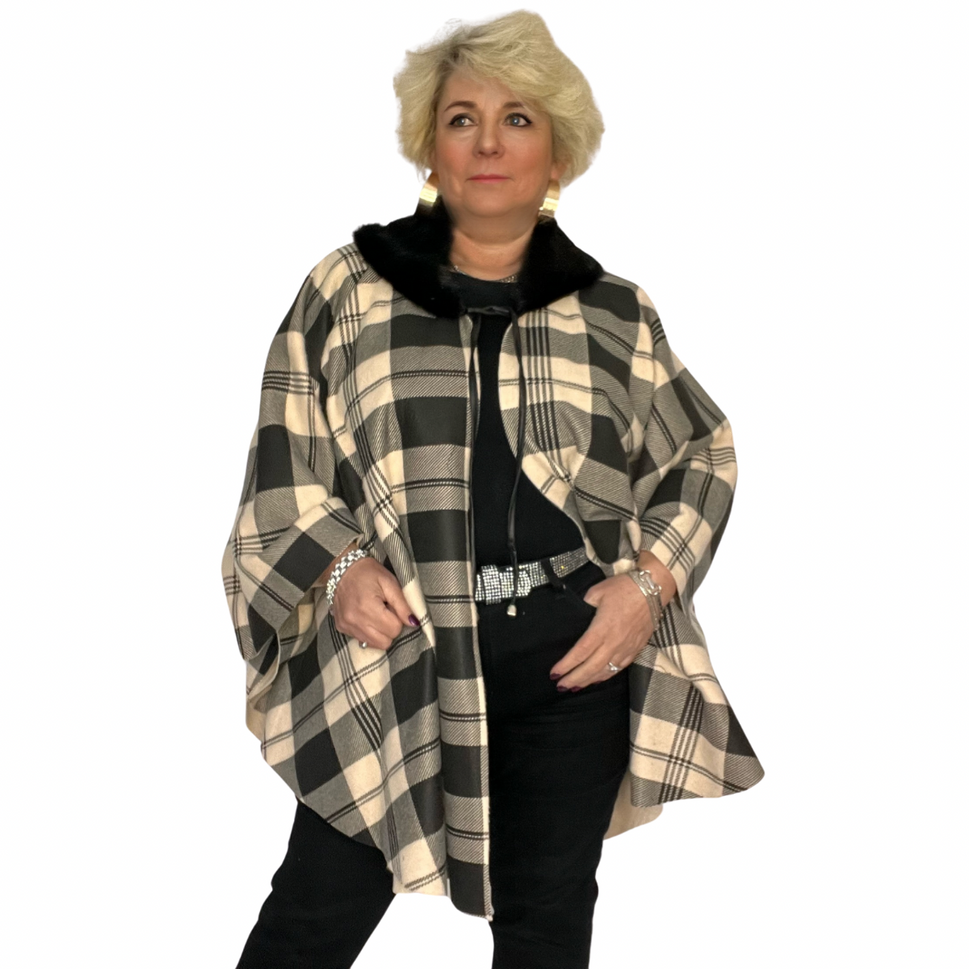 TARTAN FLEECE OVERSIZED PONCHO / CAPE WITH FAUX FUR COLLARSTONE / ONE SIZE