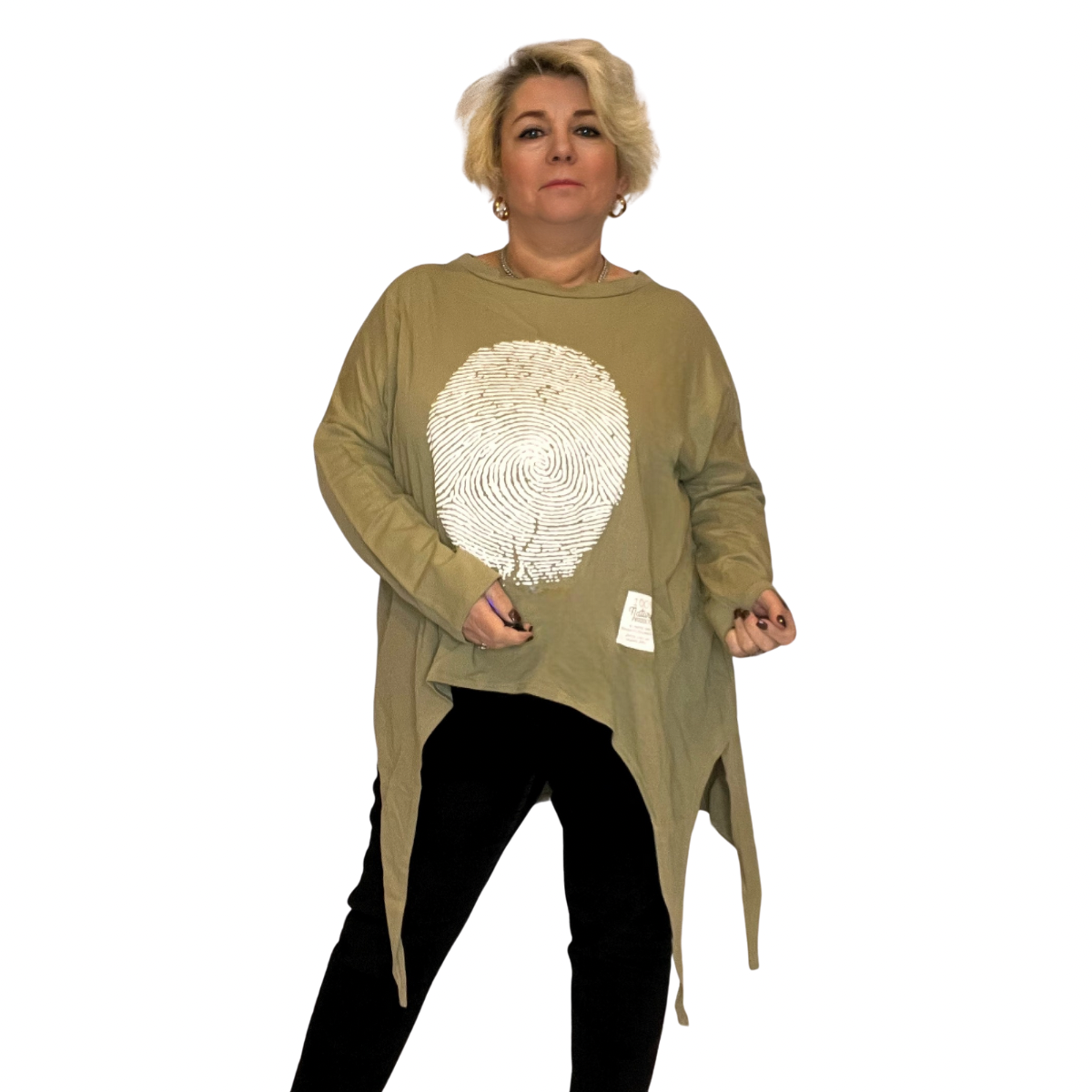 ROCKTHOSECURVES RAG DIPPED HEM LONG SLEEVE TOP WITH FINGERPRINT TO FRONT