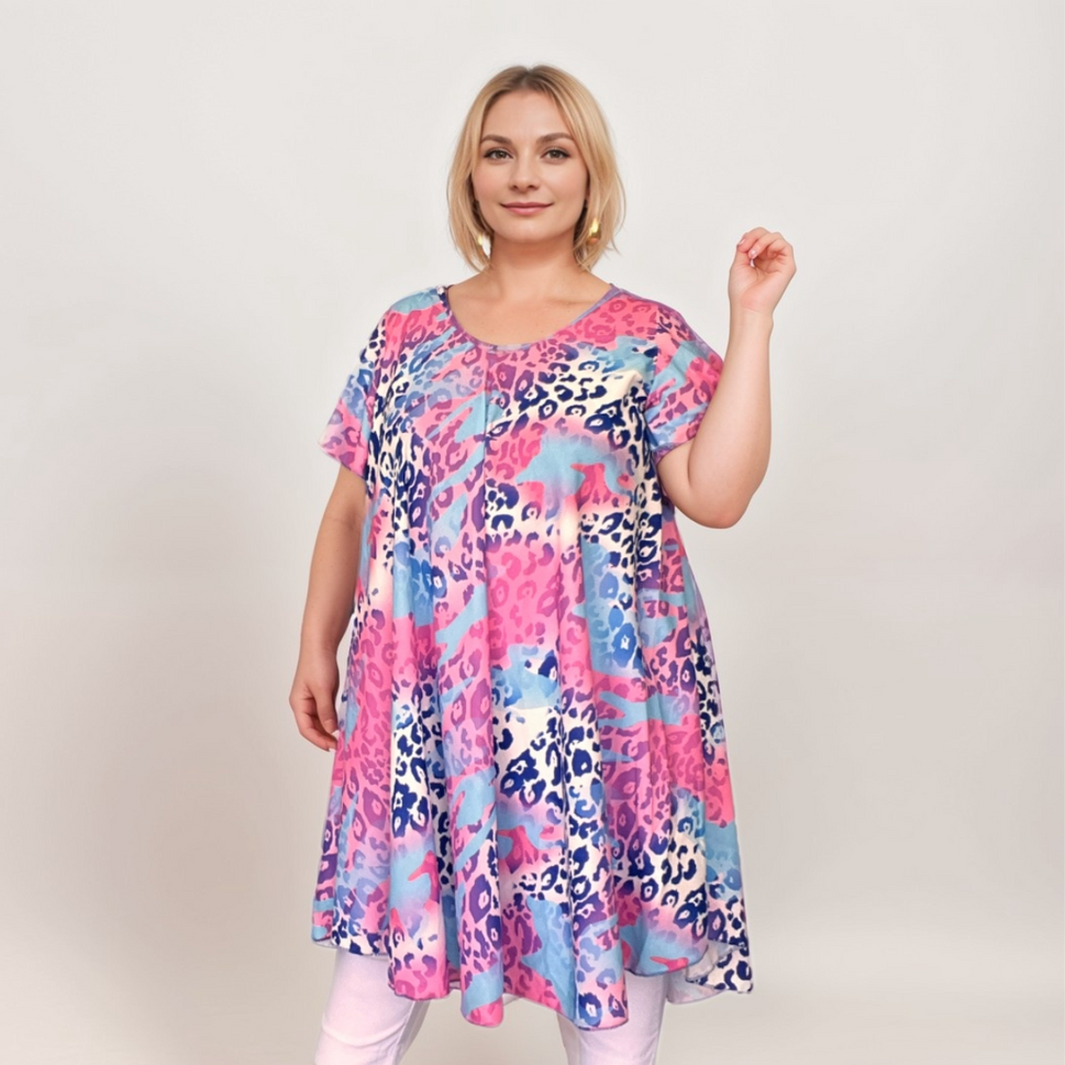 MULTI PRINT V NECK SHORT SLEEVE SWING DRESSPINK / BLUE / UK 16-18