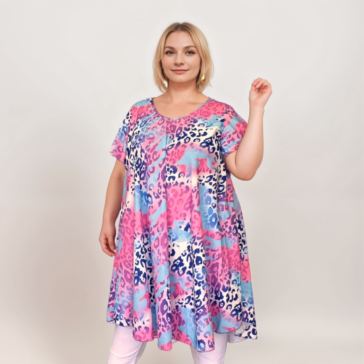 MULTI PRINT V NECK SHORT SLEEVE SWING DRESS