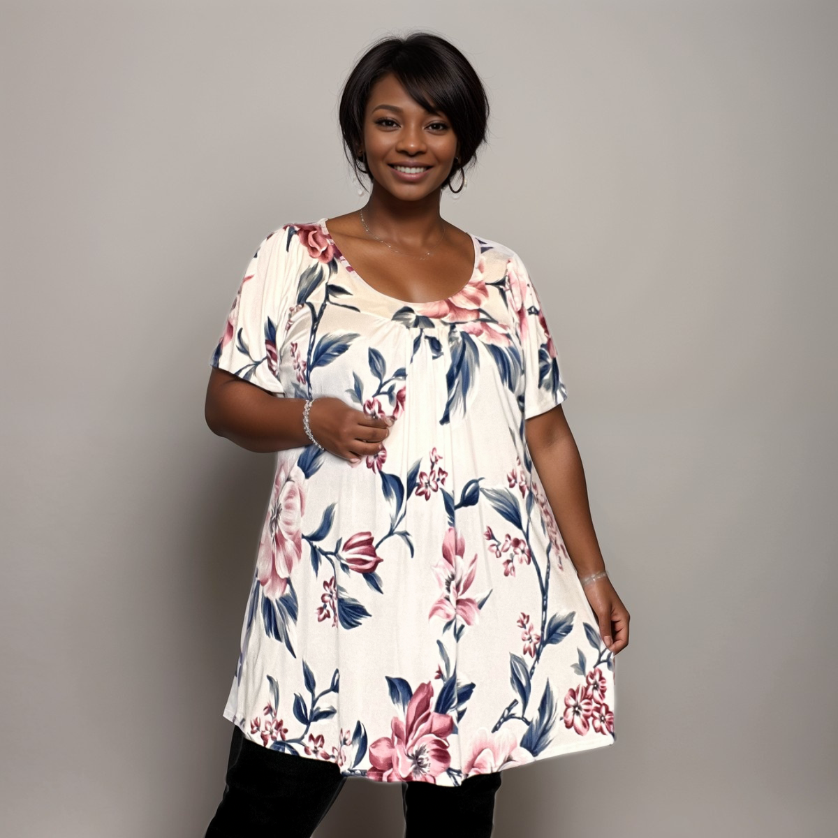 CREAM FLORAL SHORT SLEEVE A-LINE LONG SMOCK TOP