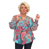 TEAL PAISLEY CROSS-OVER LONG SLEEVE BLOUSE / TOP