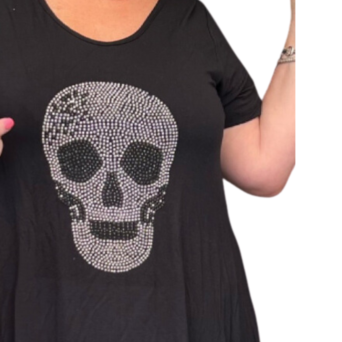 ROCKTHOSECURVES SHORT SLEEVE HANKY HEM STUDDED SKULL LONG LENGTH TOP