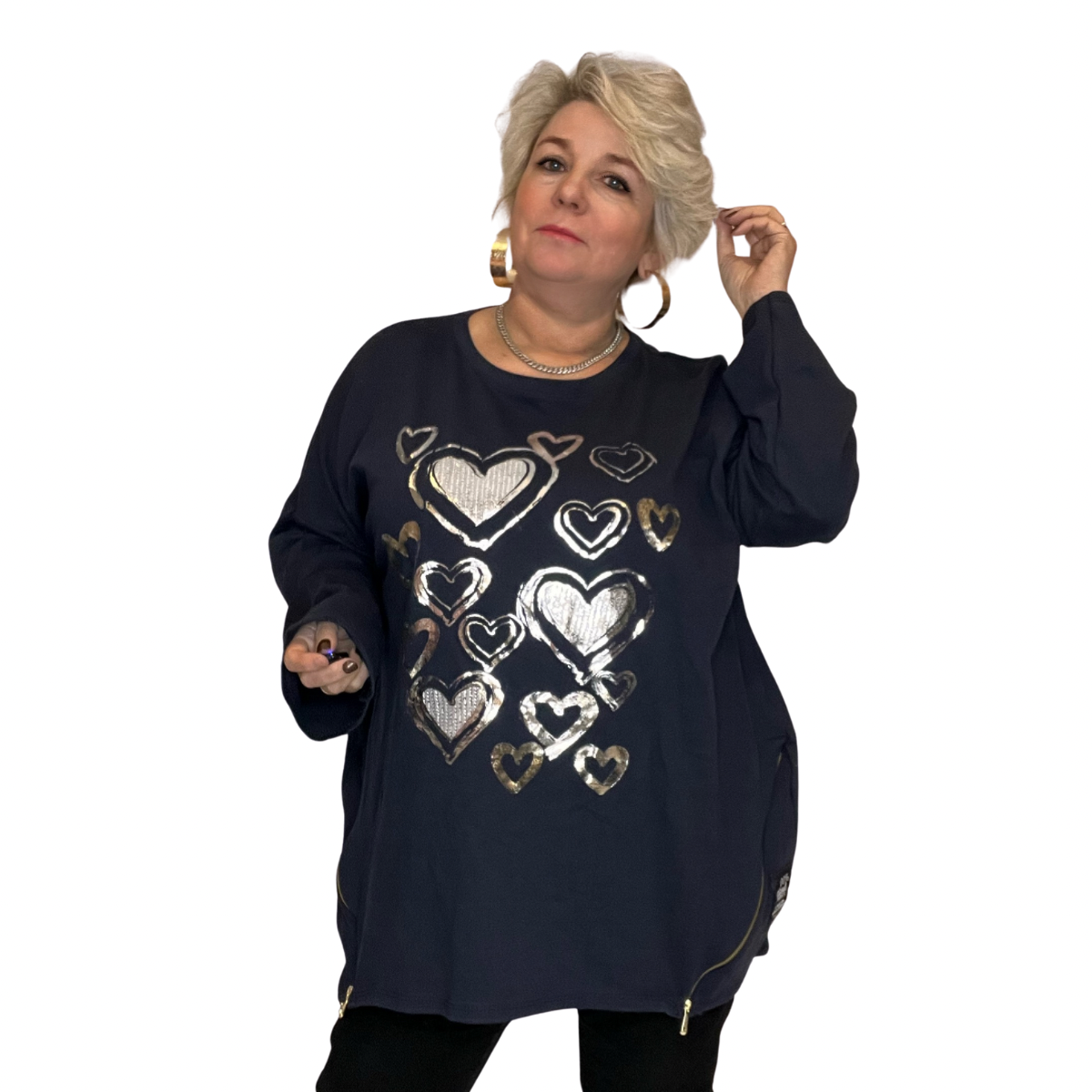LONG SLEEVE TOP SILVER FOIL HEARTS AND FEATURE ZIPS