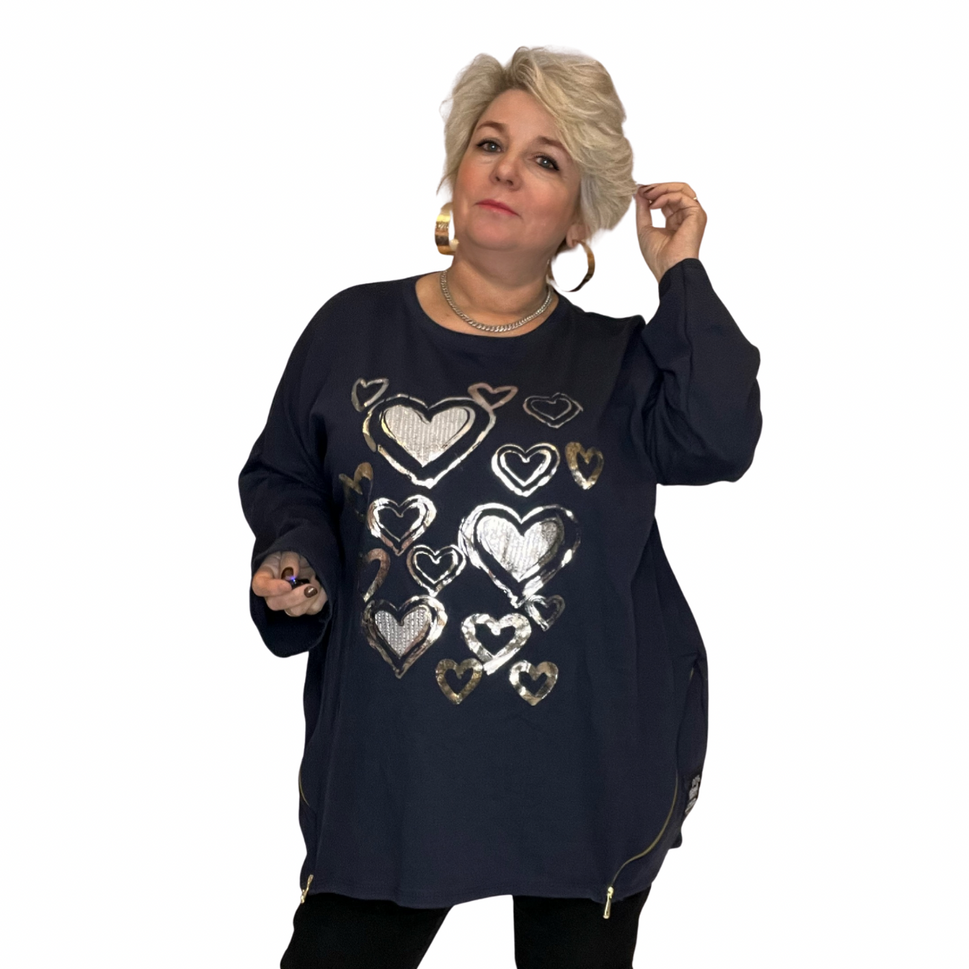 LONG SLEEVE TOP SILVER FOIL HEARTS AND FEATURE ZIPSNAVY / UK 16-18