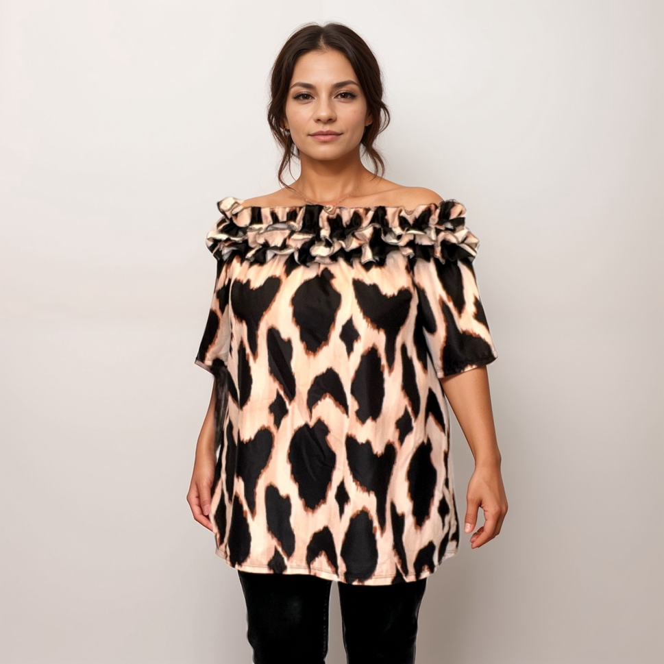 ROCKTHOSECURVES PATTERNED RUFFLED NECKLINE OFF SHOULDER PRETTY TOP / BLOUSEBLACK / CREAM / UK 12-14