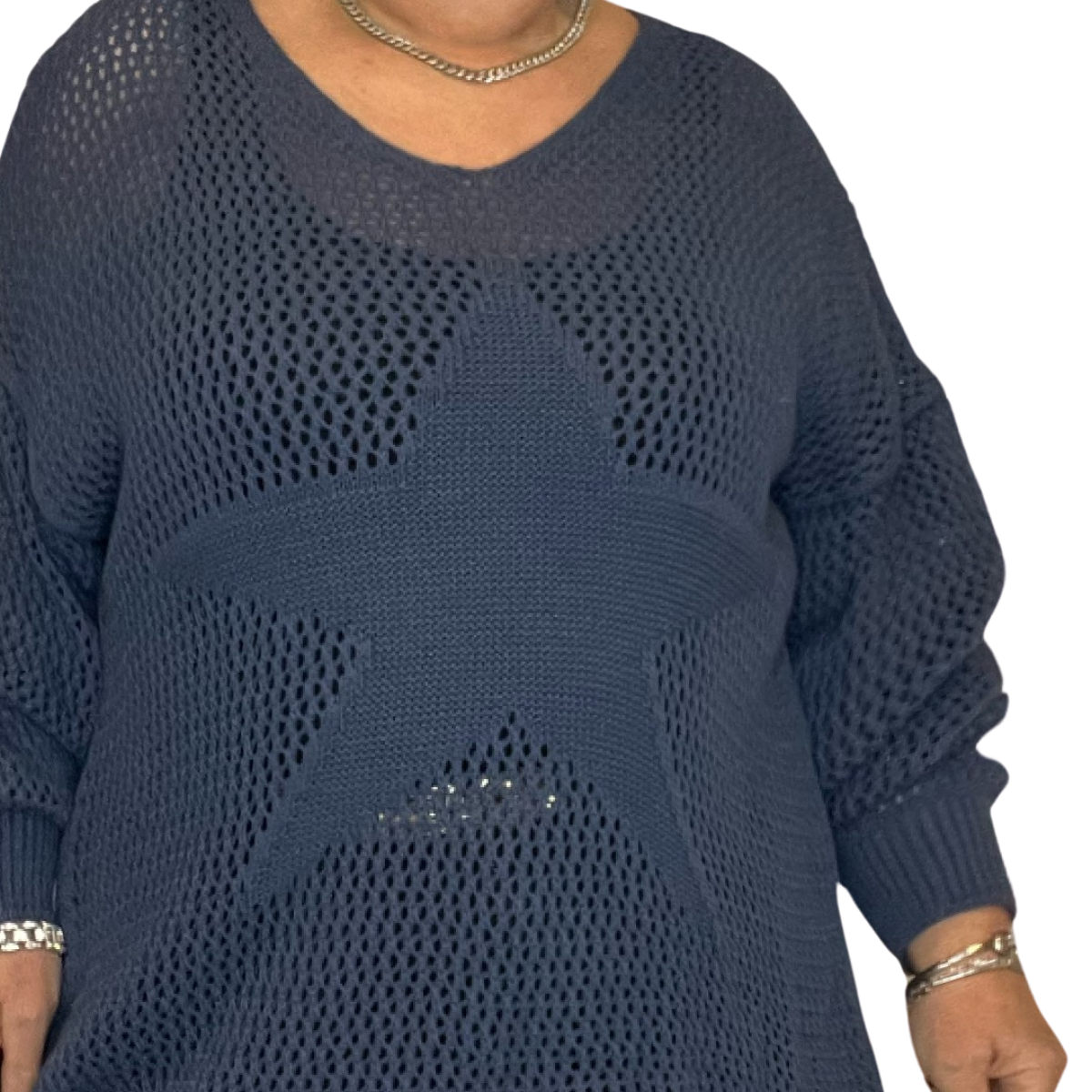 CROCHETED KNITTED V NECK STAR FRONT LONG SLEEVE JUMPER