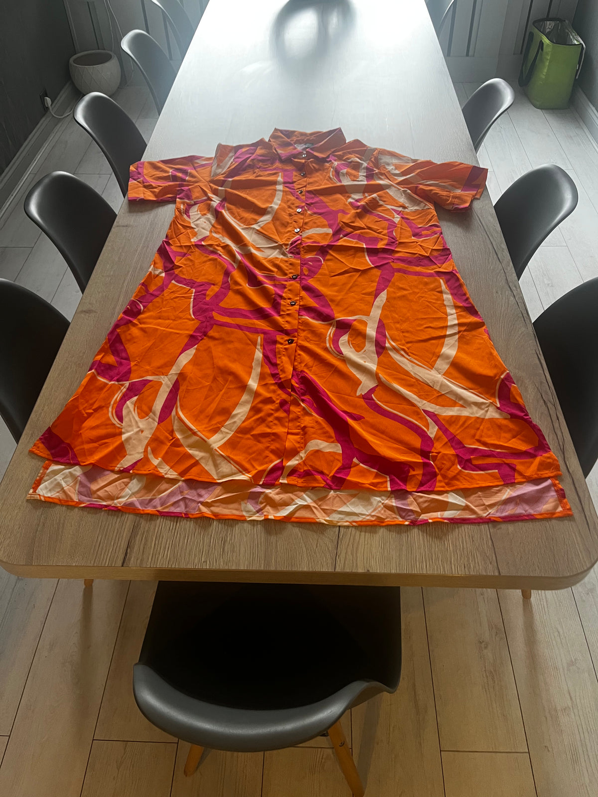 orange purple white patterned dress