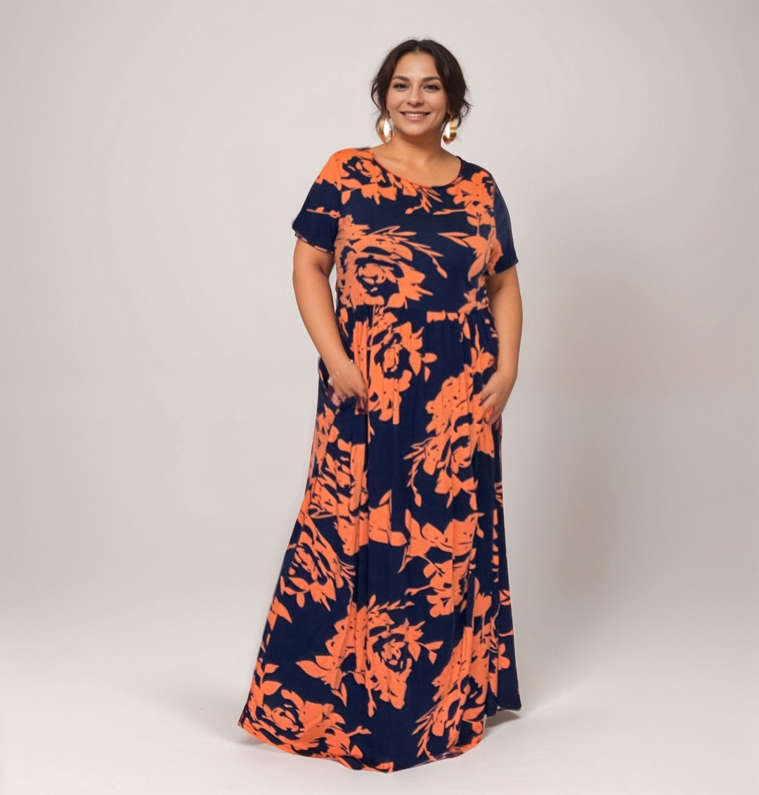 ROCKTHOSECURVES NAVY / ORANGE SHORT SLEEVE MAXI DRESS WITH SIDE POCKETS