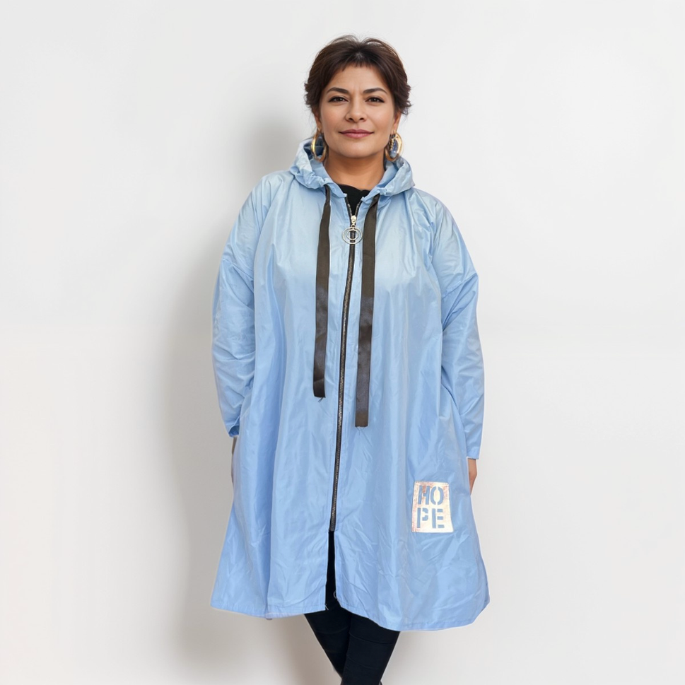 A-LINE DIPPED HEM JACKET RAIN MAC / COAT WITH HOODBlue / UK 16-18