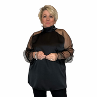SATIN LOOSE FITTING BLOUSE TURTLE NECK + CHIFFON FRILLED SLEEVES