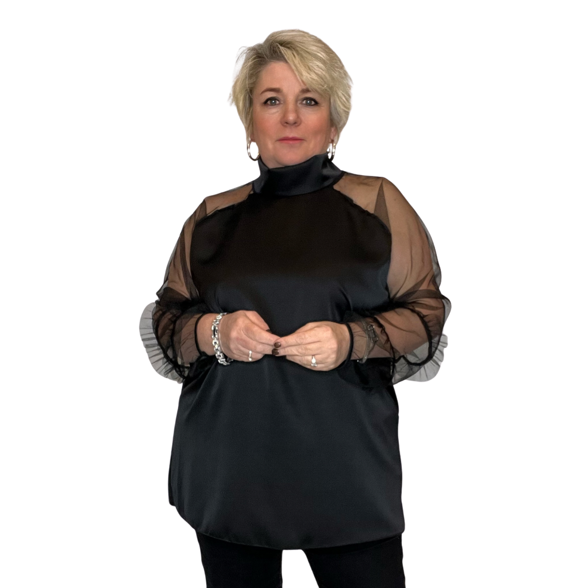 ROCKTHOSECURVES SATIN BLOUSE TURTLE NECK + CHIFFON FRILLED SLEEVES