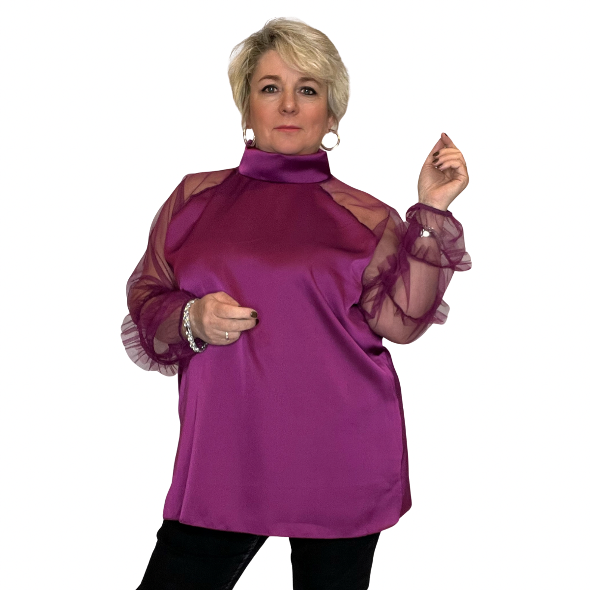 ROCKTHOSECURVES SATIN BLOUSE TURTLE NECK + CHIFFON FRILLED SLEEVES