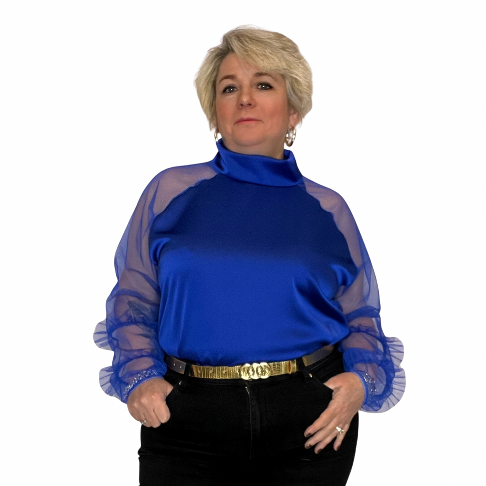 ROCKTHOSECURVES SATIN BLOUSE TURTLE NECK + CHIFFON FRILLED SLEEVESROYAL BLUE / UK 16-18